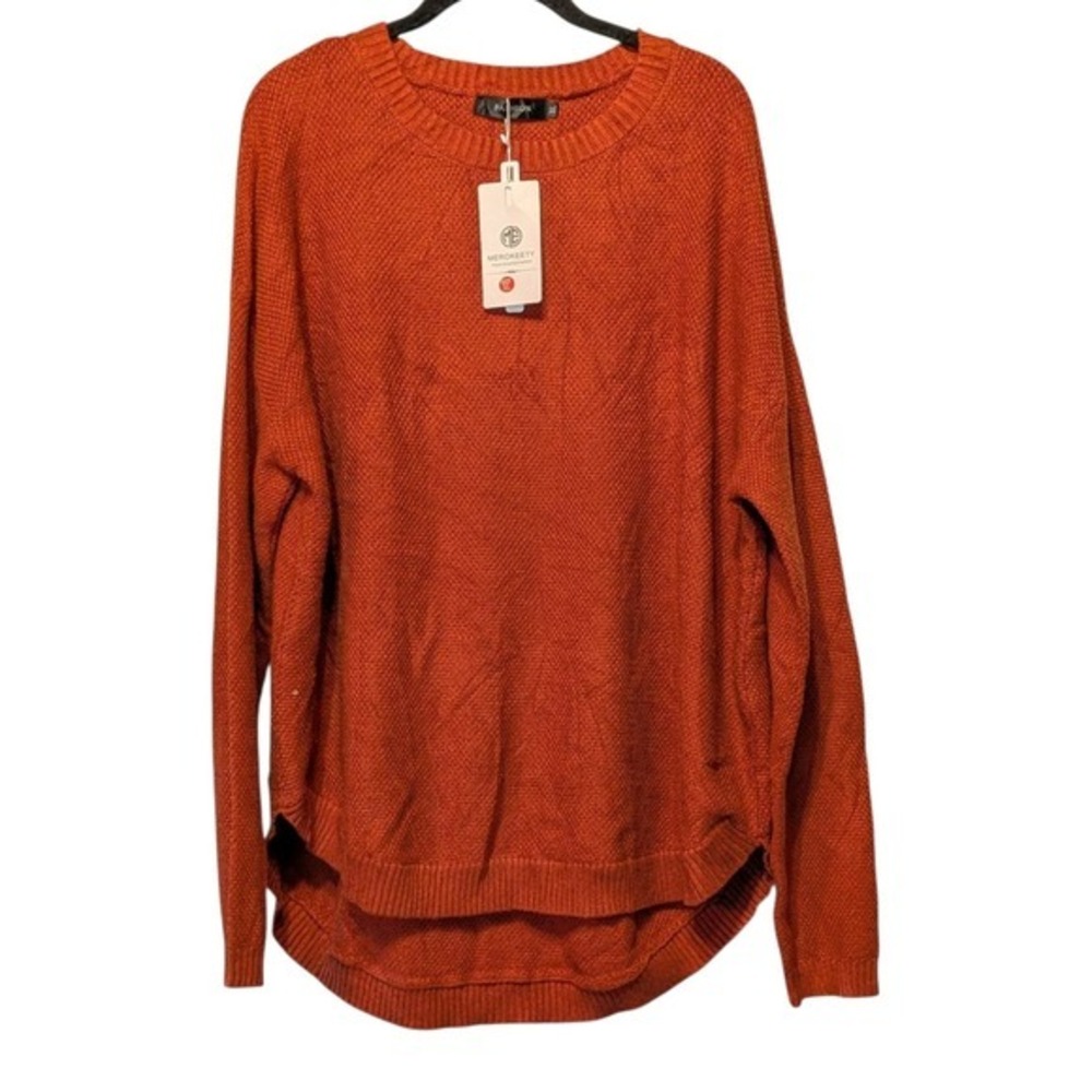 MEROKEETY Womens XL Burnt Orange Waffle Knit High Low Crew Neck Sweater NWT